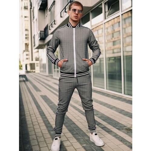 Europe United States Casual Sportswear Suits Autumn New Stand-Up Collar Zipper Cardigan Jacket Grid Sweatpants Mens Clothing