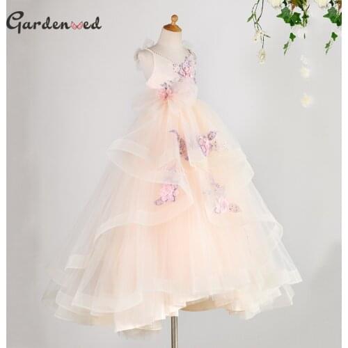 Flowers Tulle Layers Flower Girl Dresses Flower Emboridery First Communion Dress Elegant Girl Princess Dress New Year Birthday