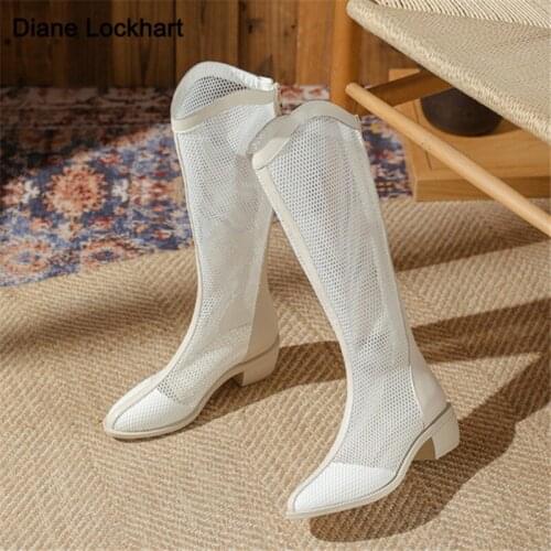 2021 New Spring Summer Sexy Hollow Mesh Knee boots Pointed Toe High Heels Zip Boots Sandals Western boots Beige Black Size 32-43
