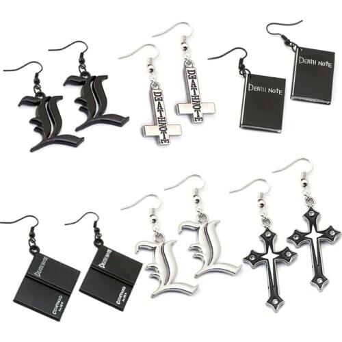 Anime Death Note Book Pendant Drop Earrings Stainless Steel Cross Black Death Note Double L Earring Cosplay Jewelry Birthday gif