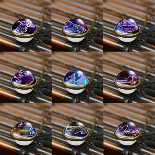 SONGDA 12 Constellations Double Side Glass Necklace Leo Virgo Libra Scorpio Sagittarius Capricorn Necklace Zodiac Theme Jewelry