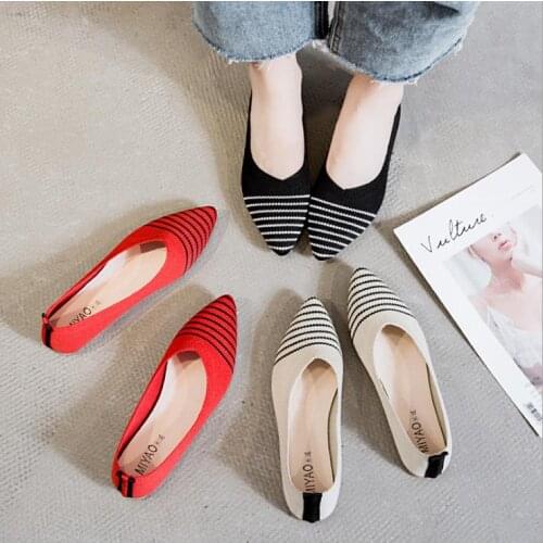 Woman Autumn Summer Breathable Knit Pointed Toe Single Shoes Womens Flat Shoes Casual Shallow Peas Shoes Girl Soft Ballet Shoes