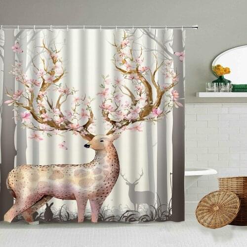 Elk Peach Blossom Flower Butterfly Shower Curtain Forest Animal Nordic Style Bathroom Blackout Waterproof Polyester Cloth Screen
