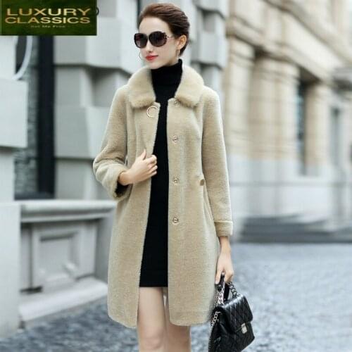 Women Jacket Natural Wool Real Mink Fur Collar Overcoat Winter Sheep Shearing Coats Female Warm Spring Clothes LWL1387