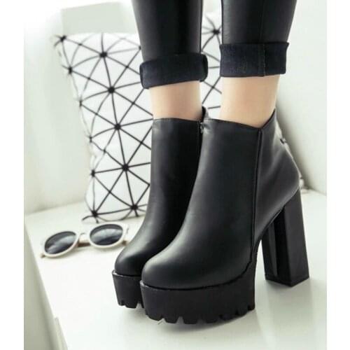 Fashion New Womens Side Zipper Ankle Boots Platform Thick High Heel 10/12 Cm Ladies Boots Winter Woman Shoes Black Boot