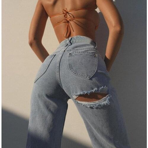 2021 Summer Autumn Y2K Jean Pants Women Casual Blue Slim Pants Hole Straight Denim High Waist Wide Leg Denim Trousers Sexy