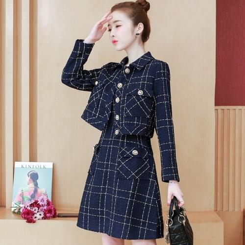 Plaid Tweed Jacket Coat + Sleeveless A-Line Tweed Dress Suit Elegant Two Piece Set Office Autumn Tracksuit