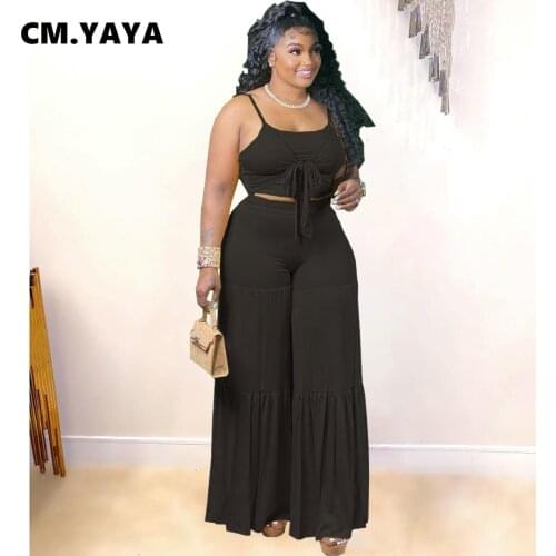 CM.YAYA Women Set Solid Sleeveless Strap Bandage Crop Tops Loose Straight Wide Leg Pants 2 Piece Set Sexy Fashion Outfit Summer