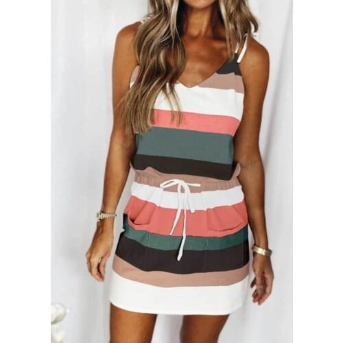 2021 Streetwear Striped Print Colorblock Drawstring Vintage Summer Casual Cami Sundress Daily Wear Mini Womens Dresses Outfits