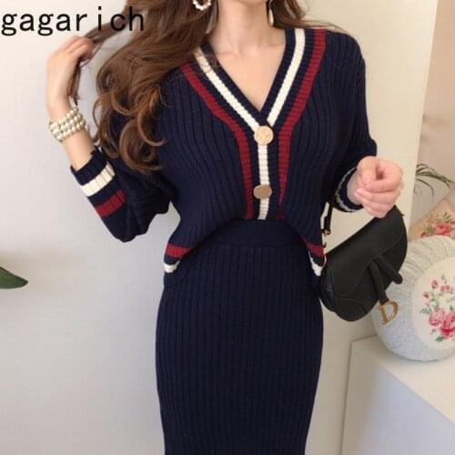 Gagarich Women Elegant 2 Piece Set Korea Chic Autumn Winter Temperament V Knitted Cardigan High Waistmidi Solid Bodycon Skirt