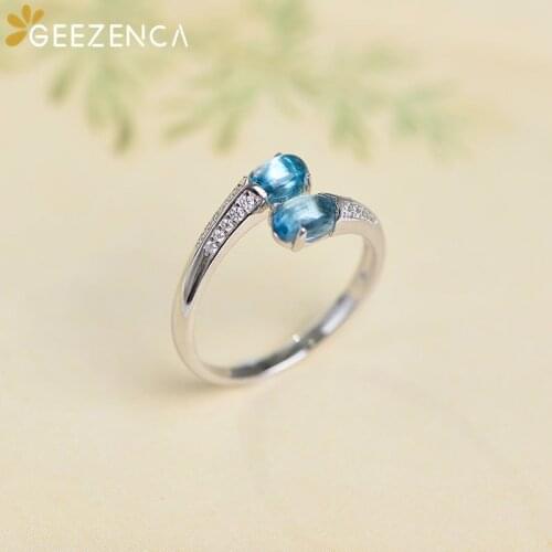 GEEZENCA Natural Blue Topaz 925 Silver Rings For Women Vintage Simple Small Gemstone Open Ring 2021 New Trend Gift Party Female