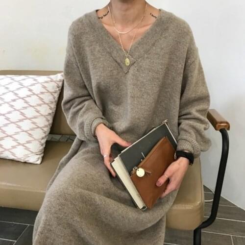 2021 New Oversize Women Sweater Dresses Female Long Sleeve Casual V Neck Loose Knitting Dress Autumn Winter Ladies Chic Dress