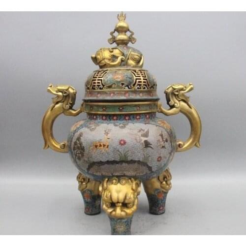 23" China Bronze Cloisonne Enamel Dragon Foo Dog Elephant Incense Burner Censer