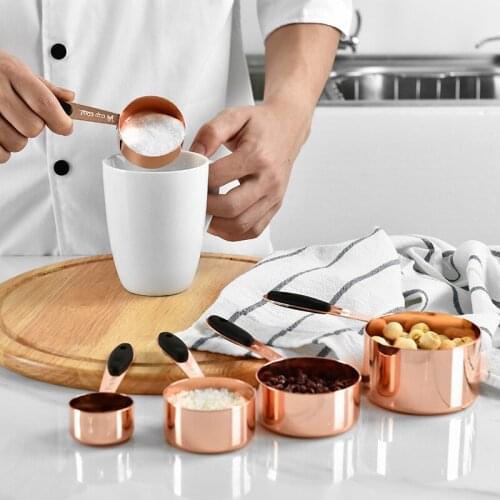 5pcs/Set Stainless Steel Measuring Spoons Set Rose Gold Measure Cups Kitchen Tool Baking Tea Coffee Spoon Copper Handle