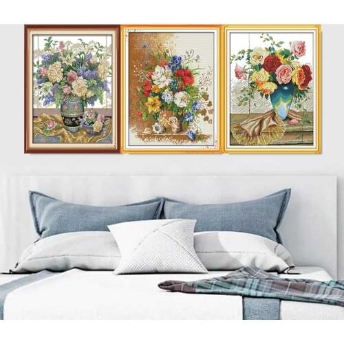 HUACAN DIY Cross-Stitch Flowers 11CT 14CT Cross Stitch Flower Kits White Canvas Embroidery Needlework Sets Home Decor