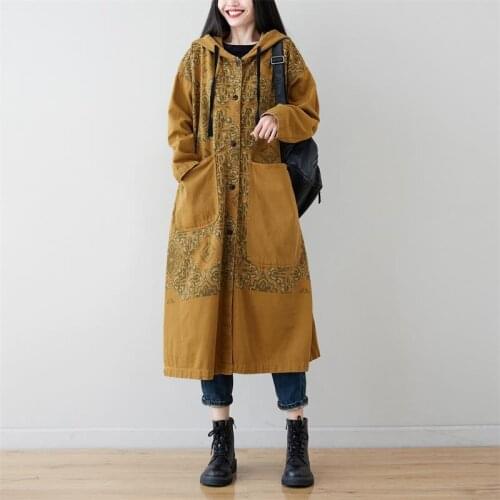 Baggy Denim Trench Women Long Print Streetwear Hoodie Wide Waisted Coat Europe Style Irregular pocket Long Sleeve Outerwear