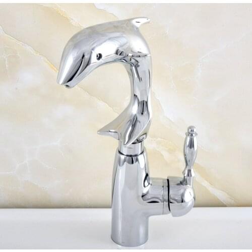 Polished Chrome Dolphin Shape Deck Mounted Single Handle Bathroom Basin Faucet Hot and Cold Water Mixer Taps Nsf854