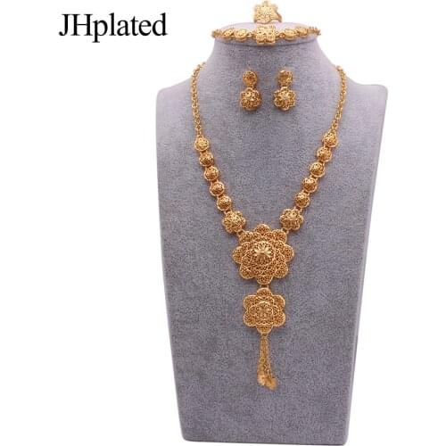 Dubai 24K gold plated accessories jewelry sets for women bridal luxury necklace earrings bracelet ring set wedding ornament gift