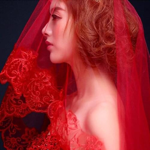 Bridal veil wedding veil red Korean single wedding lace lace wedding dress accessories long trailing veil