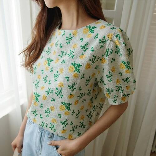Korean Floral Printed Women Blouse Tops Summer Puff Sleeve O-neck Pullover Shirt Vintage Fashion Elegant Ladies Blusas Mujer
