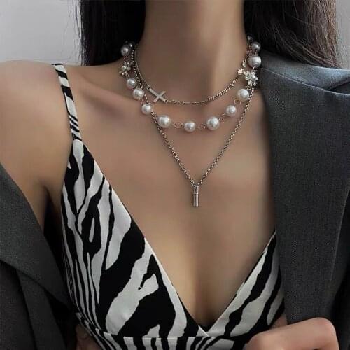 Ins Pearl Cross Lock Pendant Necklace Joker Men and Women Fashion Hip Hop Couple Silver Retro Necklace