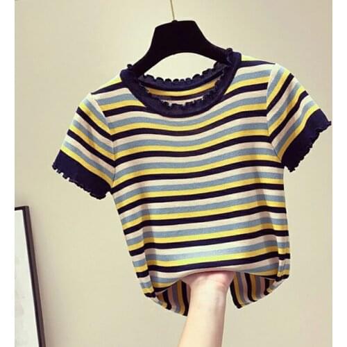 Rainbow Striped Knitted T Shirt Women Clothes 2021 Summer Short Sleeve Tops Korean Sweet Fungus O-Neck Knit Thin Woman Tshirts