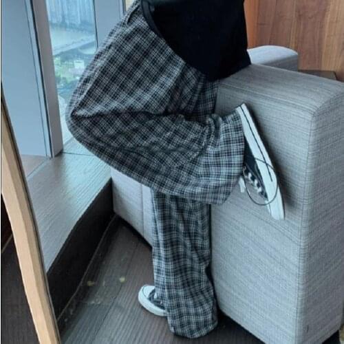 HOUZHOU Korean Style Oversize Plaid Pants Women Harajuku Black Checked Trousers For Female Kpop Wide Leg Joggers Sweatpants
