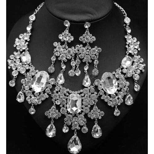 2Pcs/Set Shiny Full Rhinestone Tassel Bridal Statement Bib Necklace Earrings
