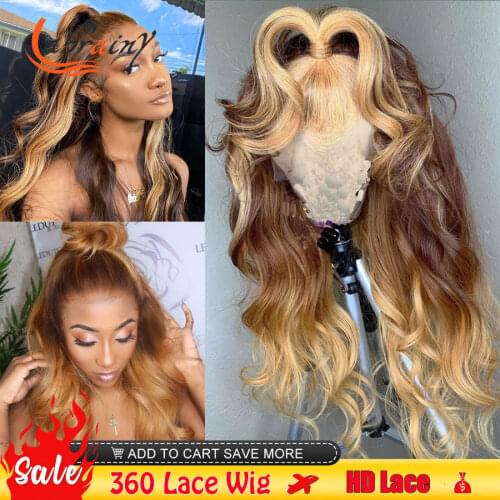 HD Transparent 13X6 Human Hair Lace Frontal Wigs Highlight Honey Blonde Woman Body Wave Colored Front Wig Pre Plucked Full Ombre