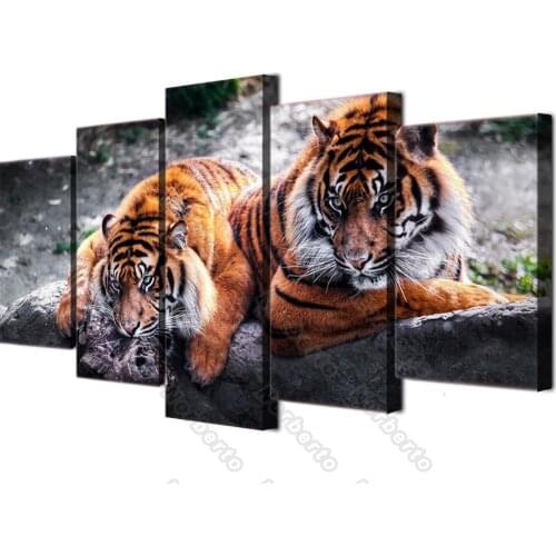 5 Piecesa Animl Picture Frameless Canvas Painting Wall Poster Two Fierce Tigers Lying On a Wild Field for Living Rooms Decoratio