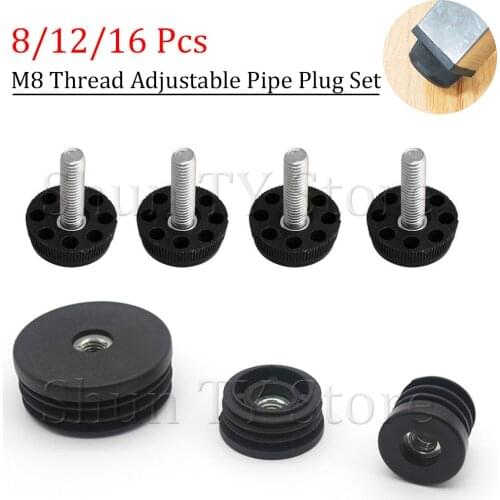 8/12/16 Pcs M8 Thread Furniture Legs Plugs Set Black Plastic Blanking End Caps Insert Plugs Adjust Thread Feet Round Pipes Set