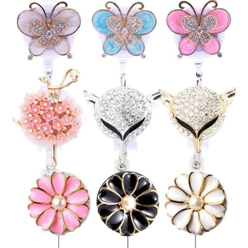 9pcs Lot Retractable Badge Holder with Alligator Clip Retractable Cord ID Badge Reel Butterfly Animal Flower Style