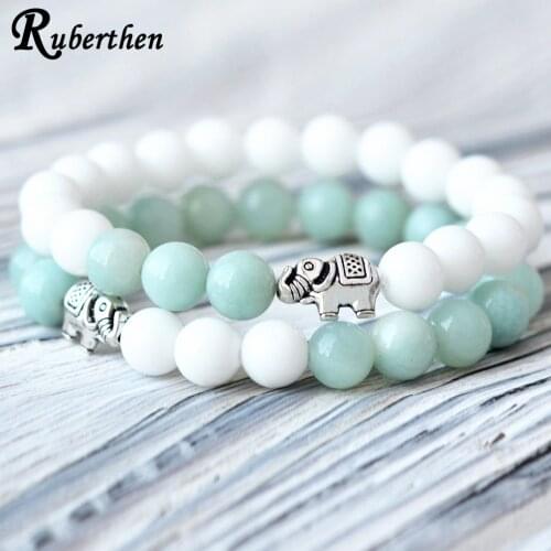 Ruberthen A Grade Amazonite Bracelet Elephant Charm Meditation Yoga Bracelet Women`s White Shell Bead Bracelet Boho Gift for Her