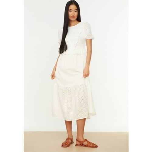 White Frilly Embroideries Dress TWOSS21EL3679 Maxi Skater Balloon Bike Collar Short Straight Design Lined