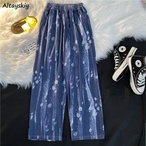 Pants Women BF Fashionable Tie Dye Harajuku Female Wide Leg Full-length Streetwear Unisex Cool Girls Y2k Elastic Waist Blue Chic