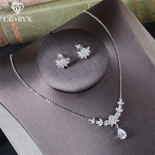 CC necklace and stud earrings bride jewelry sets cubic zircon wedding accessories flower shape crystal simple design party tl199