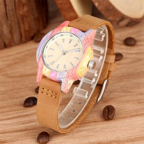 Colorful Bamboo Watch Lady Quartz Black/Brown Genuine Leather Wristwatch Minimalist Small Dial Womens Wood Watches reloj mujer