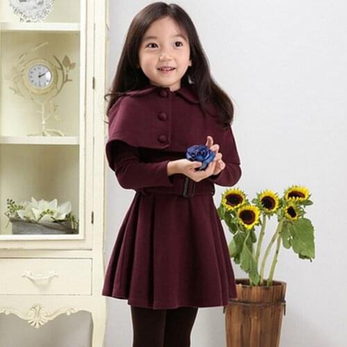 Girls woolen cloth cloak dress two-piece set 4-11T child spring jacket kids long trench coat children long sleeve jacket coat