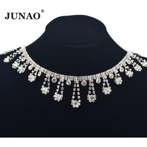 JUNAO 45cm/lot Glitter Clear Glass Crystal Rhinestones Triming Chain Crystal Fringe Tassel Metal Strass Ribbon for Decoration