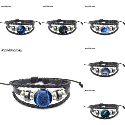 Mendittorosa Jewelry With Plated Glass Cabochon Black Leather Bracelet Bangle Glowing Wolf