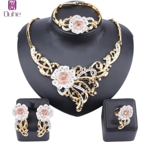 Fashion Bridal Crystal Flower Jewelry Sets For Women Dubai Gold Necklace Earrings Bangle Ring Wedding Party Jewelry Set