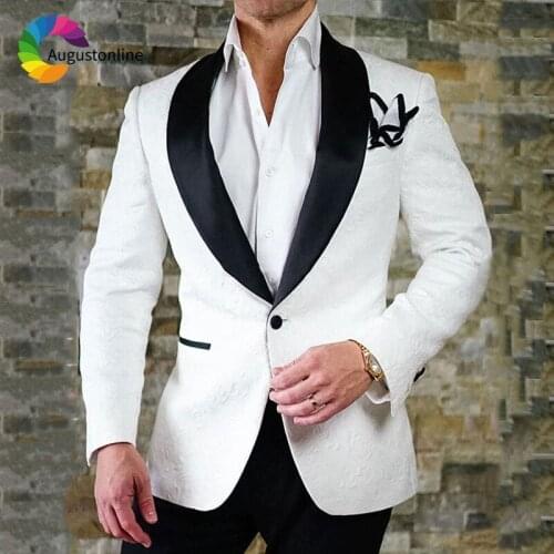 Custom Made Jacquard White Men Wedding Suits Black Shawl Lapel Slim Fit Groom Tuxedo Costme Homme Men Blazer Jacket Pants 2Piece