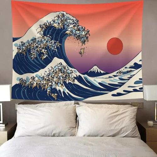Sunset Waves Japanese Tapestry Wall Hanging Boho Decor Sun Mountain Nature Landscape Hippie Dog Dorm Mandala Wall Carpet Blanket