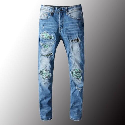 New Luxury Mens Crystal Patchwork Pleated Biker Jeans Slim Skinny Ripped Denim Pants Blue Trousers Plus Size 40