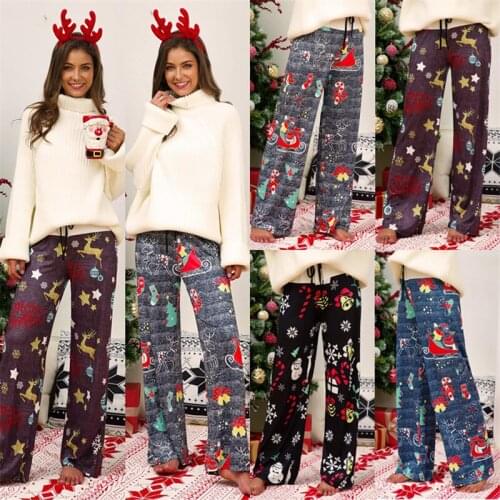 Women Comfy Casual Christmas Pajama Pants Soft High Waist Loose Striped Animal Print Drawstring Palazzo Wide Leg Sleep Trousers