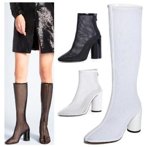 Drop Shipping Summer Brand Woman Air Mesh Black White Round Toe Lace Transparent Zip Back Square Toe Knee High Long Boots