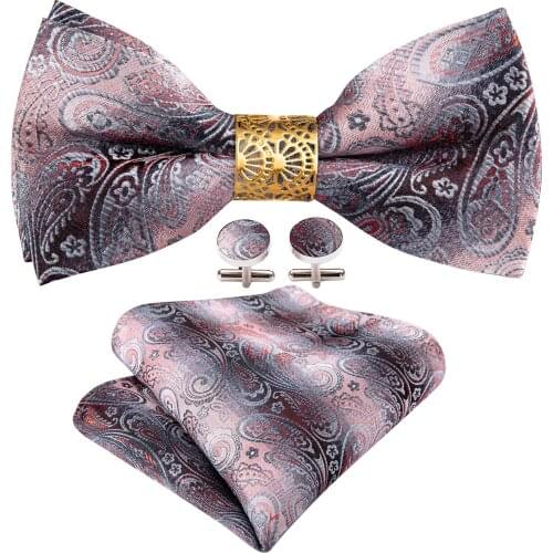 Pink Paisley Silk Pre-Bow Tie For Men Wedding Accessorie Adjustable Butterfly Handky Removable Gold Ring Set Barry.Wang W-859