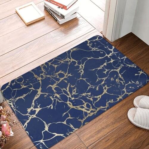 Chic Navy Blue Faux Gold Foil Marble Doormat Carpet Mat Rug Polyester Anti-slip Floor Decor Bath Bathroom Kitchen Living Room