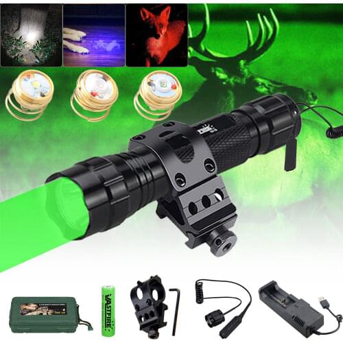 4in1 500 Yards Green Red White LED Hunting Tactical Flashlight UV 18650 Flashlight Torch Coyote Hog Fox Predator Rifle Mount