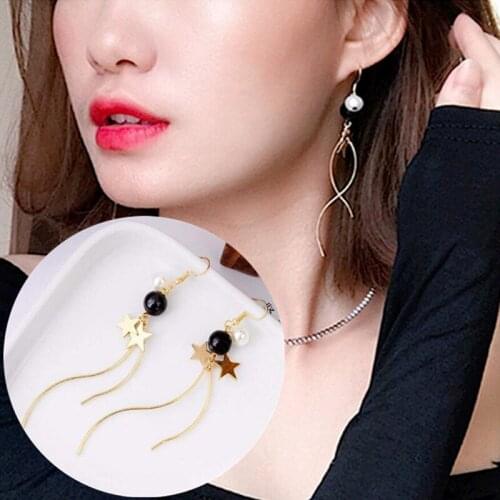 Vintage Star Simulated Pearl Long Earrings Personality Curved Design Earrings Fashion Jewelry Gift for Woman Girl Accessories